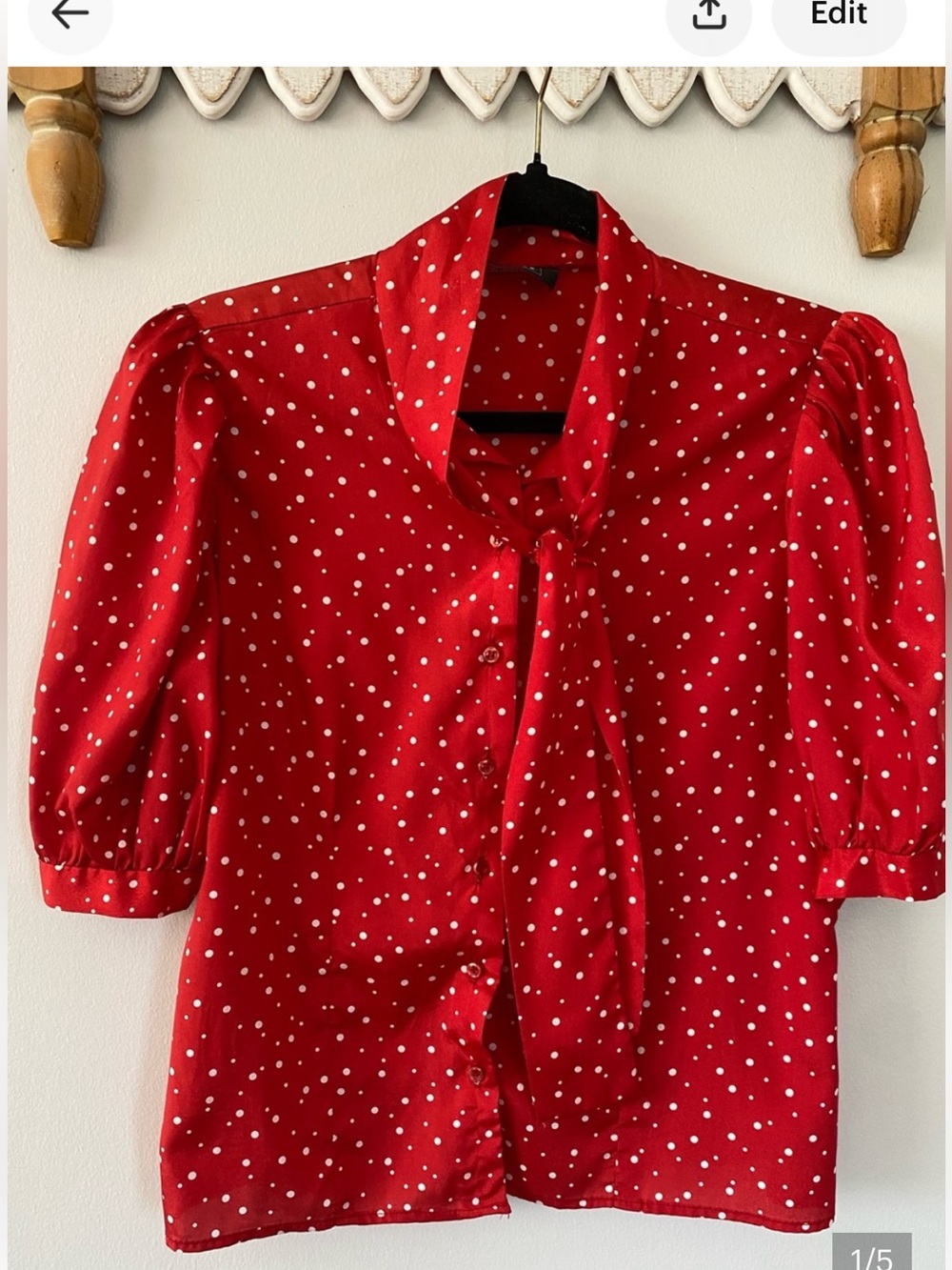 Red Polka Dot Retro Tie-Neck Blouse - Women's Top - size small - classic - Picture 6 of 6